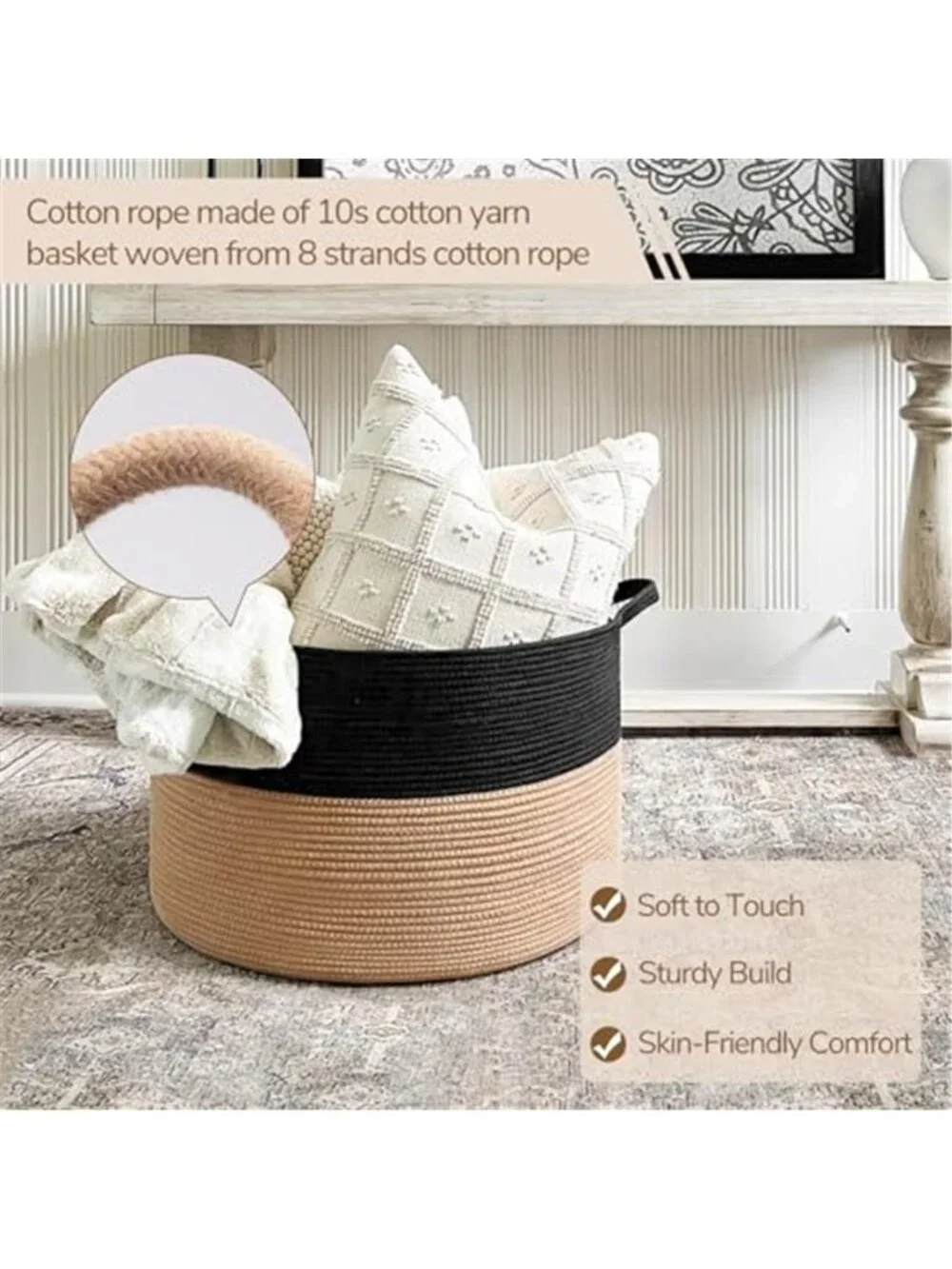 New XXXLarge Woven Rope Blanket Basket Living Room Black Camel, 90L